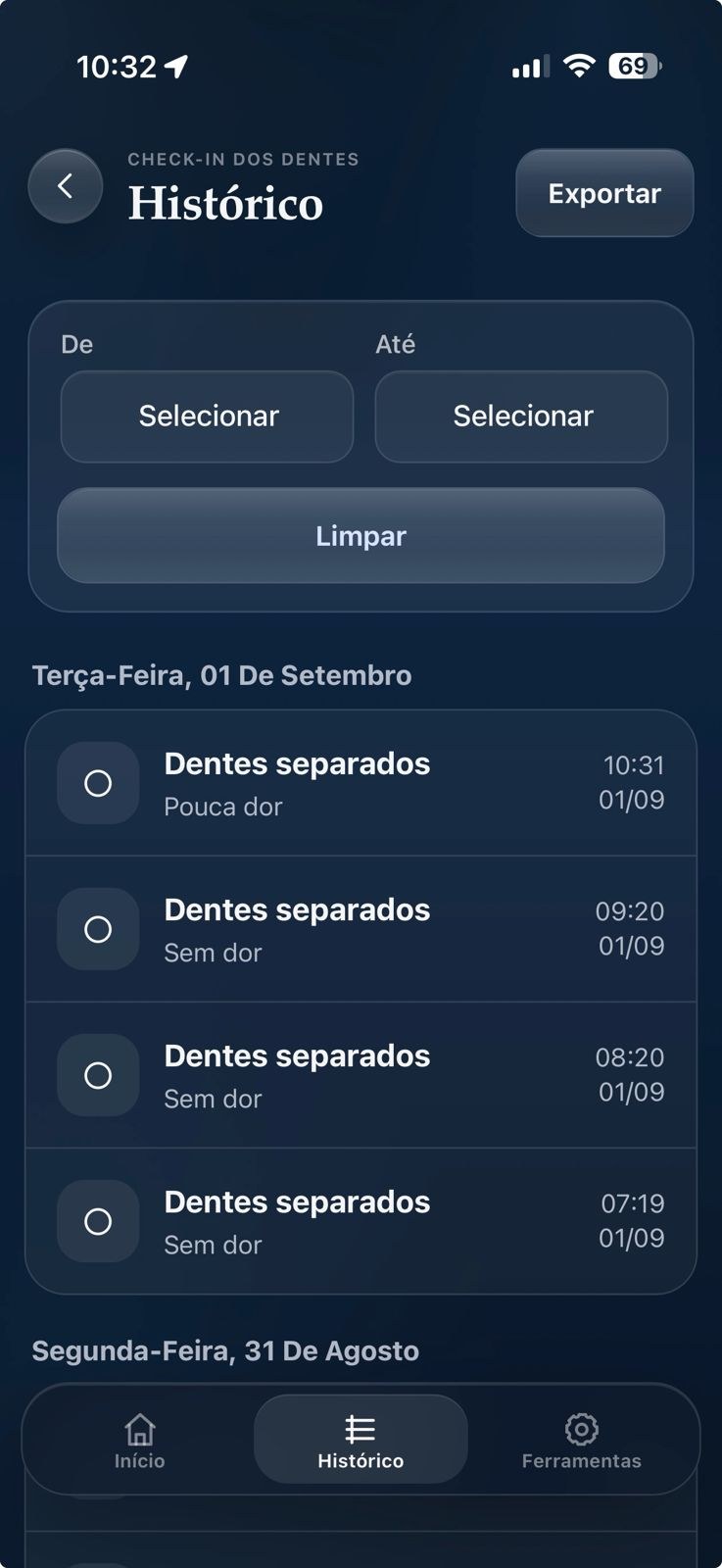 Tela de histórico do aplicativo Dentes com registros de check-ins por data e horário