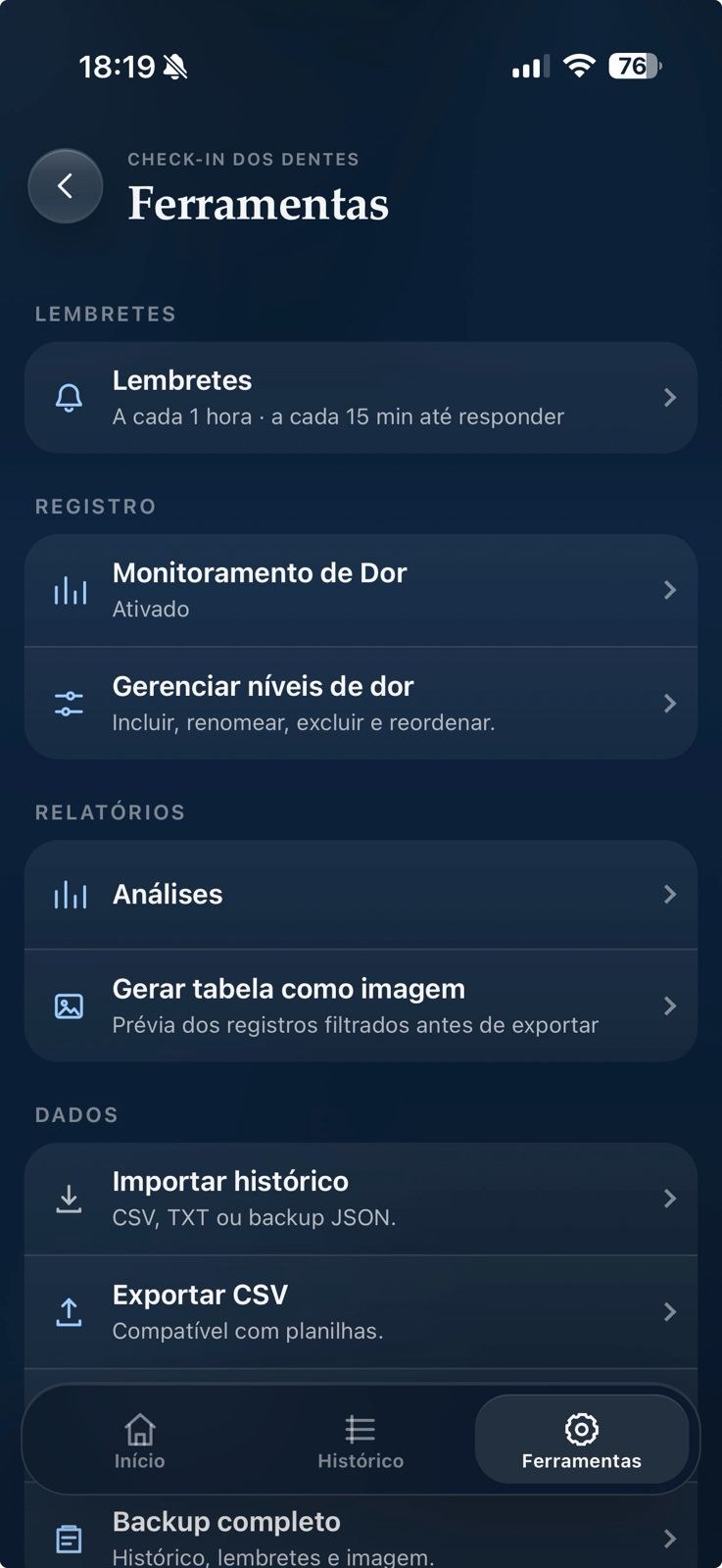 Tela de ferramentas do aplicativo Dentes com opções de exportação de registros