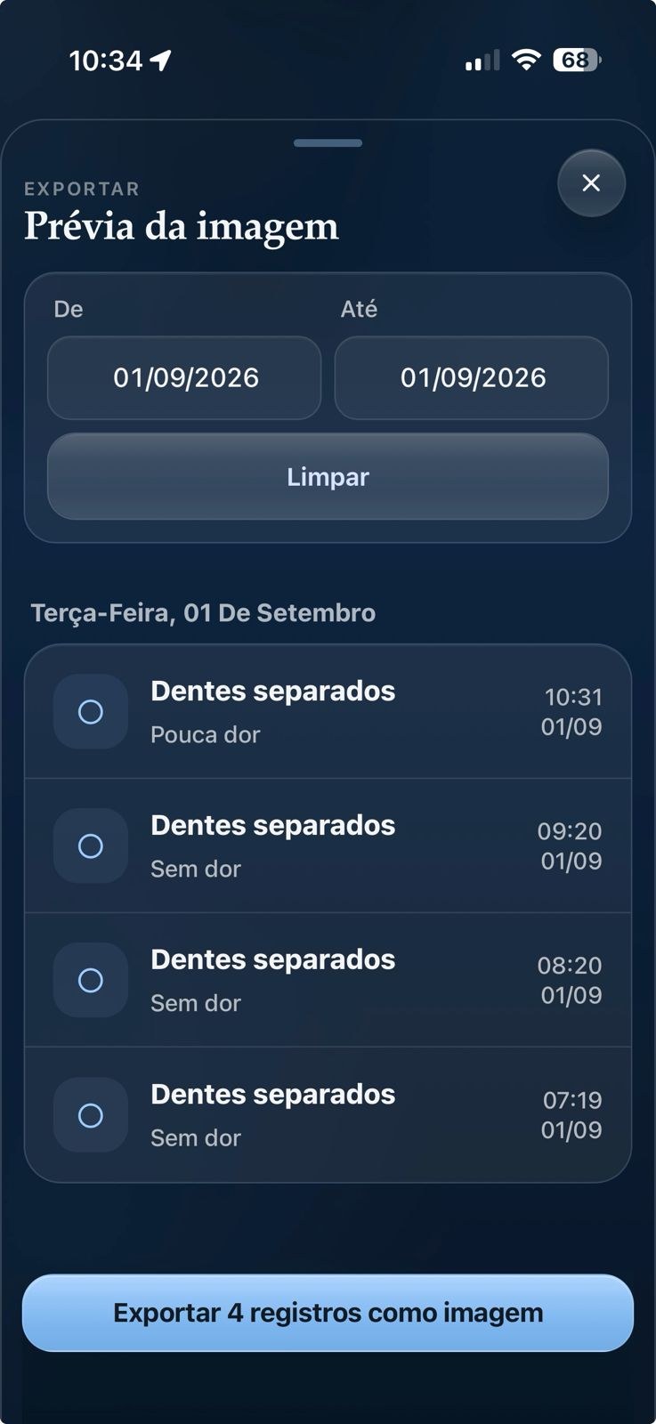 Prévia de imagem de exportação de registros do aplicativo Dentes